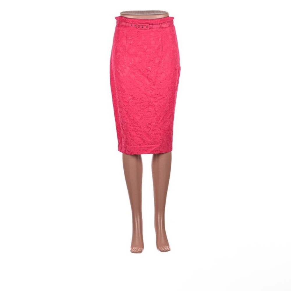 NWOT rose Pink Lace print jacquard brocade cotton stretch pencil Skirt belted 6